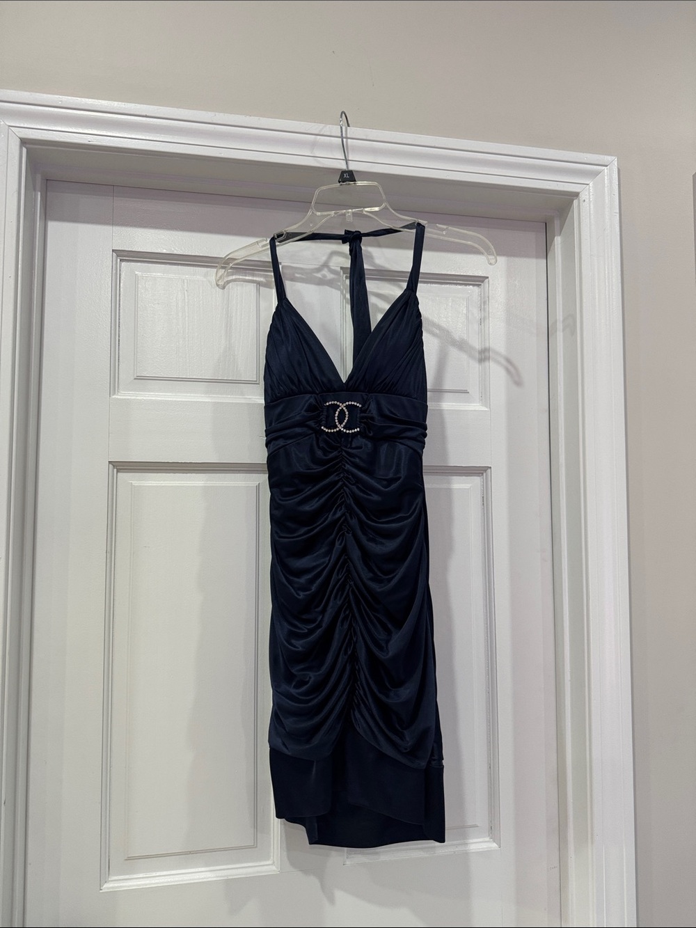 Y2K City Triangle Sexy Satin Ruched V-Neck Halter Dress in Navy Blue size XS